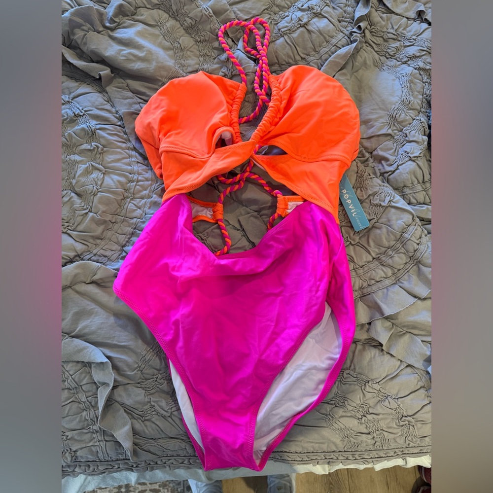 Stylish Women's One Piece Swimsuit - Orange and Pink